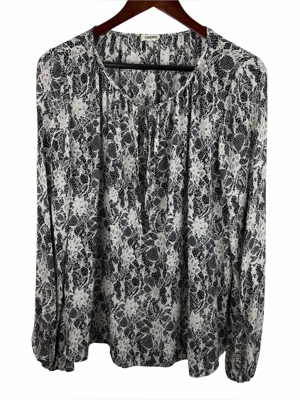 L'AGENCE | Black & White Lace-Print Tie-Neck Silk Blouse